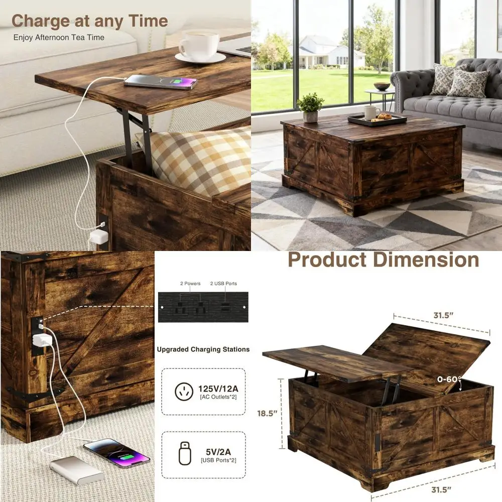 

Rustic Brown Square Lift-Top Coffee Table with Storage and Charging Station, 31.5 W, for Living Room/Home Office