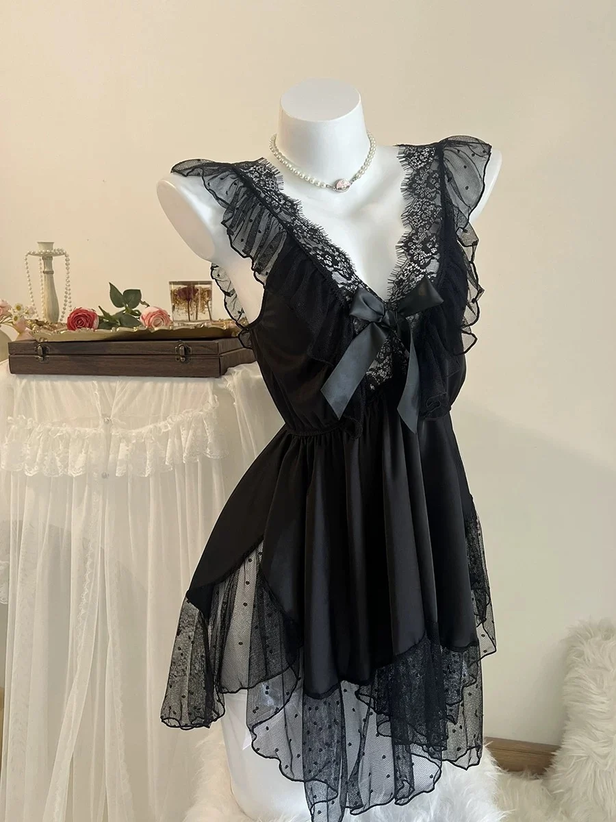

Sexy Lace Knot Nightgown Pure Desire Silk Me Ice Sister Nightdr V-ne ort Sve Thin Summer Spwear