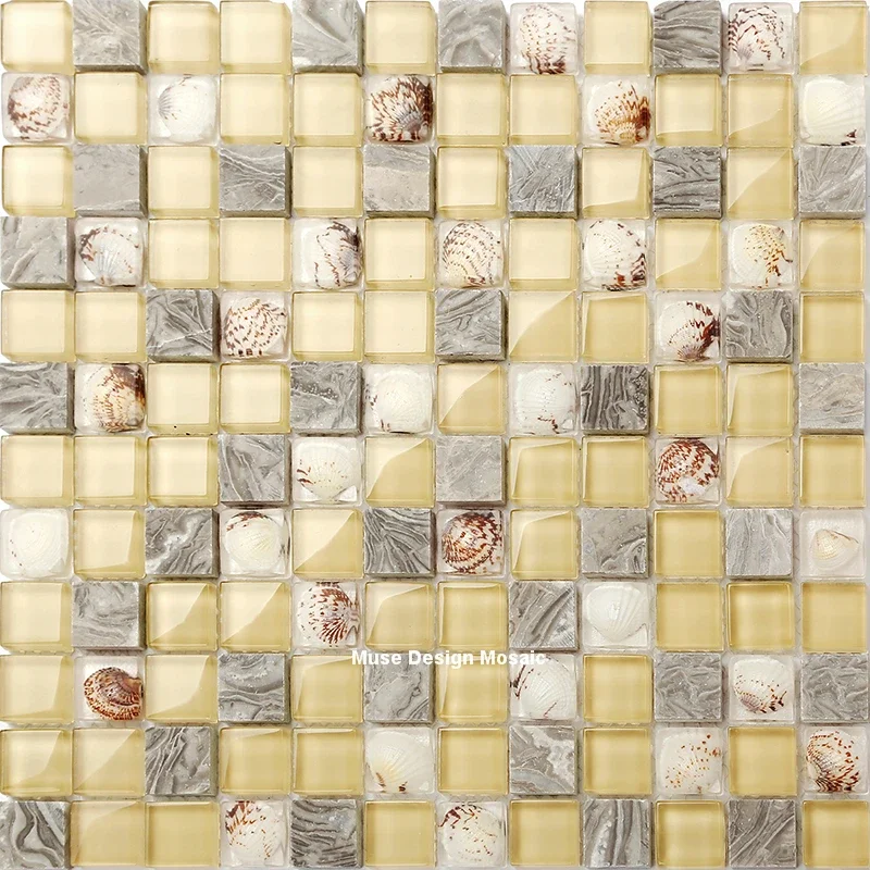 

Деревянный серый камень, смешанная ракушка, желтый хрусталь, стеклянная мозаика, плитка для кухни, фартук, душ, ванная комната, настенная напольная плитка 8 мм