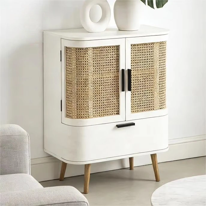 Aparador de MDF con Puerta de Ratán, Doble Puerta y 1 Cajón, Mueble de Almacenamiento para Sala de Estar, Decoración del Hogar