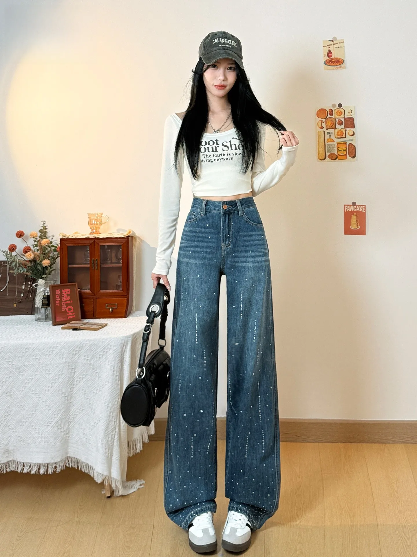 

Ретро-синие джинсы с высокой талией, облегающие, женские, свободные, стройнящие, модные, струящиеся, прямые брюки, повседневные, весна 2026