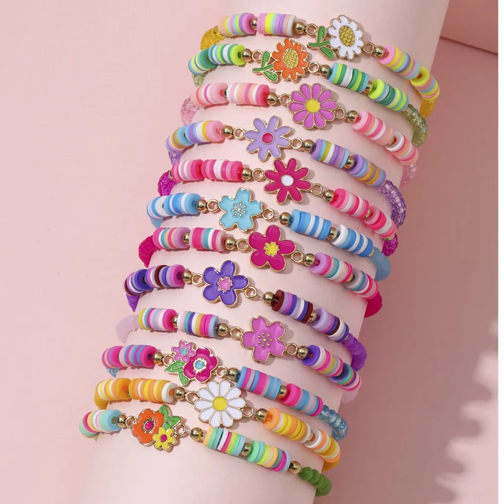 Kids Girls Summer Soft Pottery Bracelet Set Cute Butterfly Elk Hamburger Fries Bangle Fashion Student Jewelry Party Gift