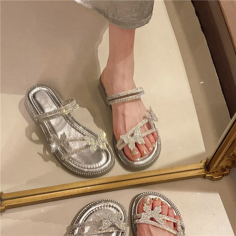 Slippers Casual Flat Shoes Female Med Glitter Slides Slipers Women Butterfly-Knot Luxury Jelly Summer 2024 Beach Bonded Leather