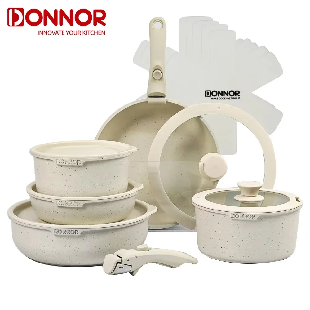 DONNOR 17-teiliges Topf- und Pfannenset aus Aluminiumdruckguss, antihaftbeschichtetes Kochgeschirr-Set, Küchenutensilien, spülmaschinenfeste Unterstützung, Induktion