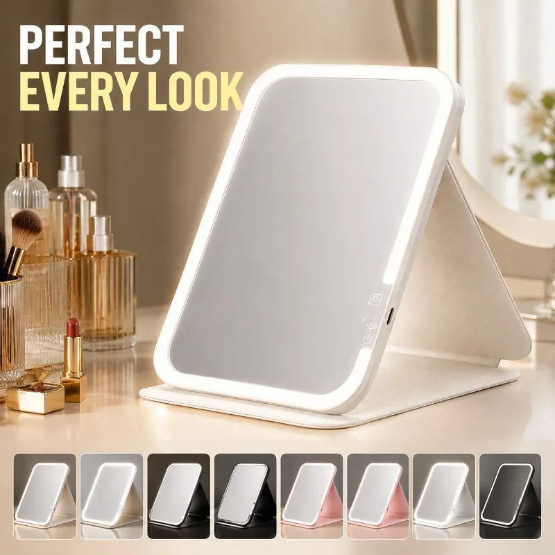 Foldable LED Makeup Mirror with Smart Touch Control and Three-color Soft Light Portable Cosmetic Mirror for Travel and Desktop