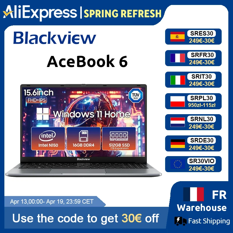 Blackview AceBook 6 Laptop 15,6" FHD IPS Intel Twin Lake N150 16GB RAM 512GB SSD + uitbreiding tot 1TB Windows 11 Home Notebook