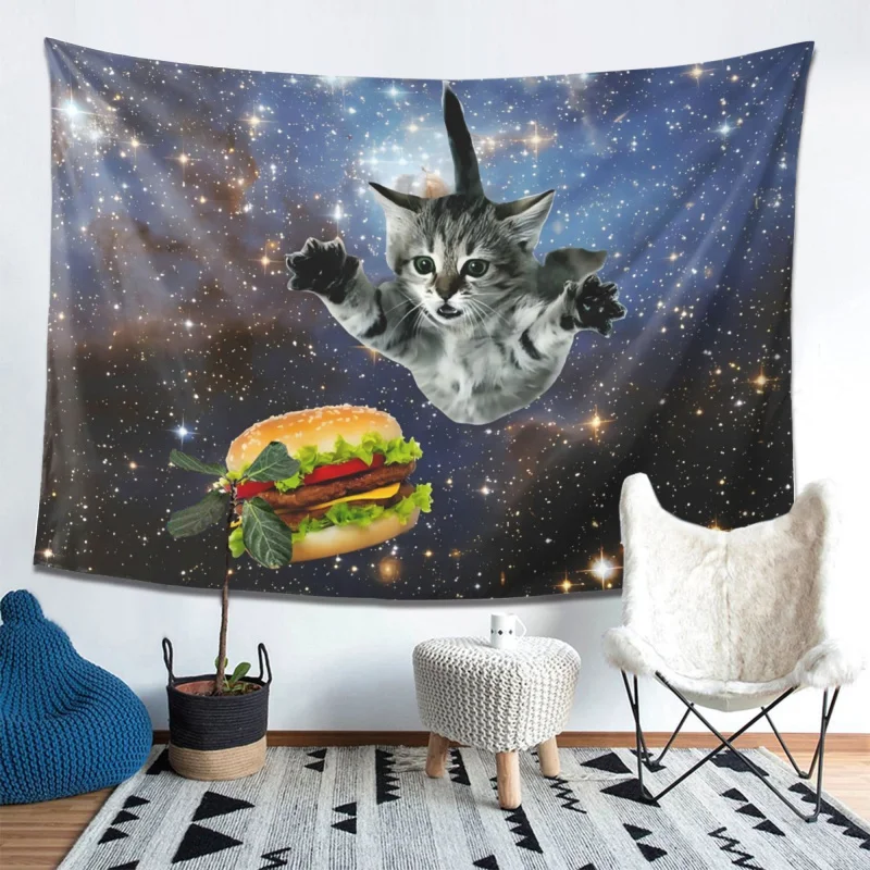 VIKAMA Space Cat Burger Tapestry Funny Trippy Cat Wall Hanging Decor for Bedroom Dorm Gaming Room - Unique Wall Art Decoration
