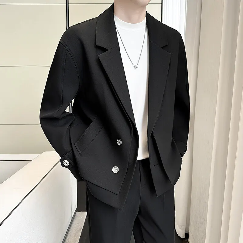 

2026 Spring New Fake Two Piece Suit Collar Jacket Men Korean Trend Casual Business Blazers Loose Street Wear Social Jacket
