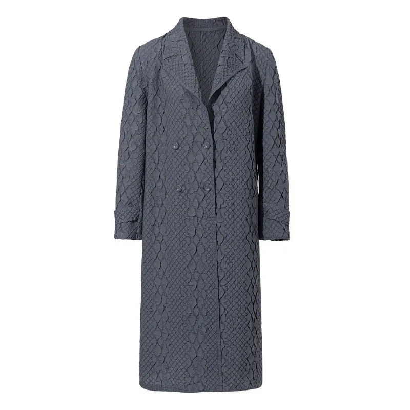 Pleated Women Long Trench Coat 2026 Autumn New Embroidered Jacket Suit Collar Double-Breasted Elegant Plus Size Fashion Clothing