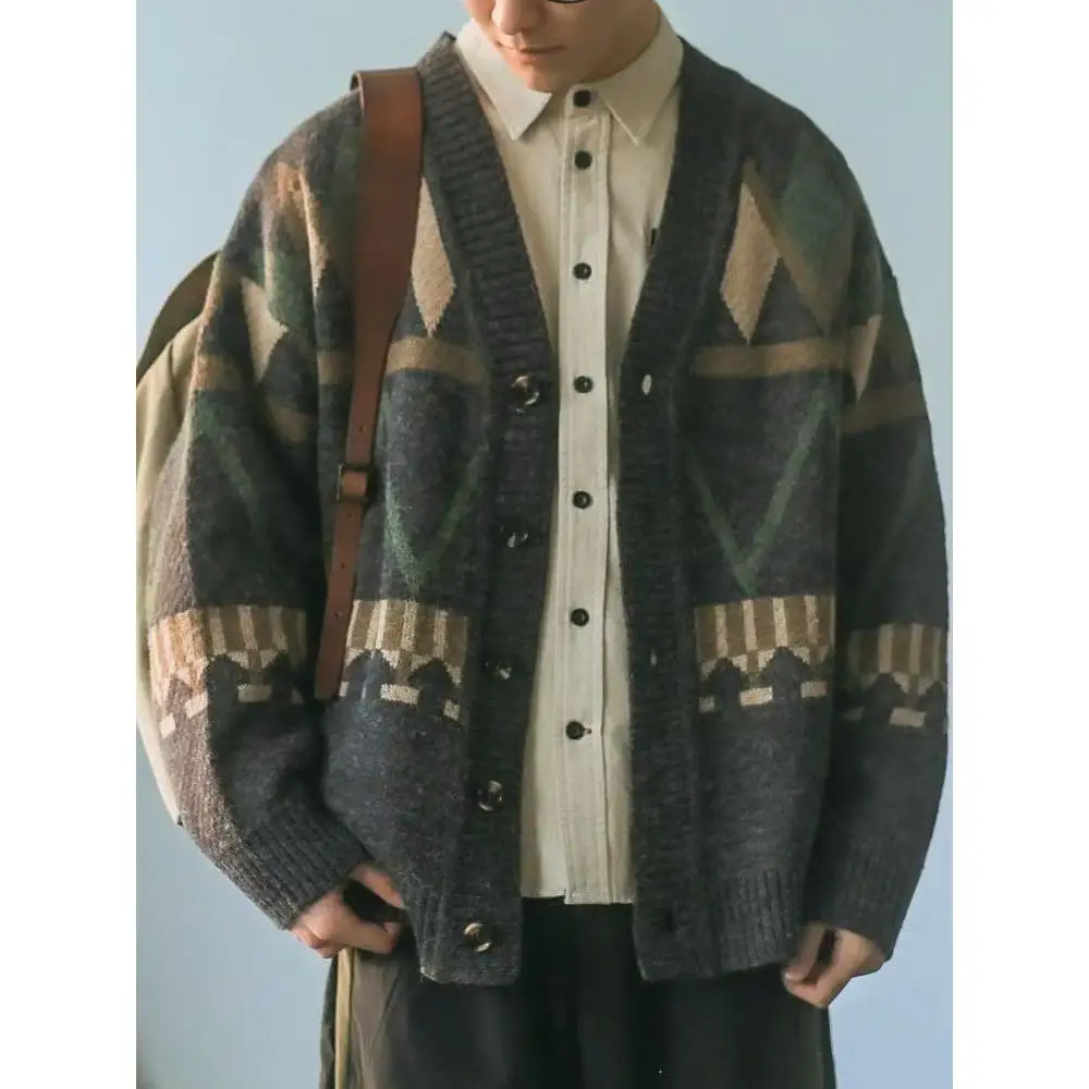 

Мужской вязаный кардиган в стиле ретро с ромбовидным узором, осенне-зимний повседневный вязаный жакет