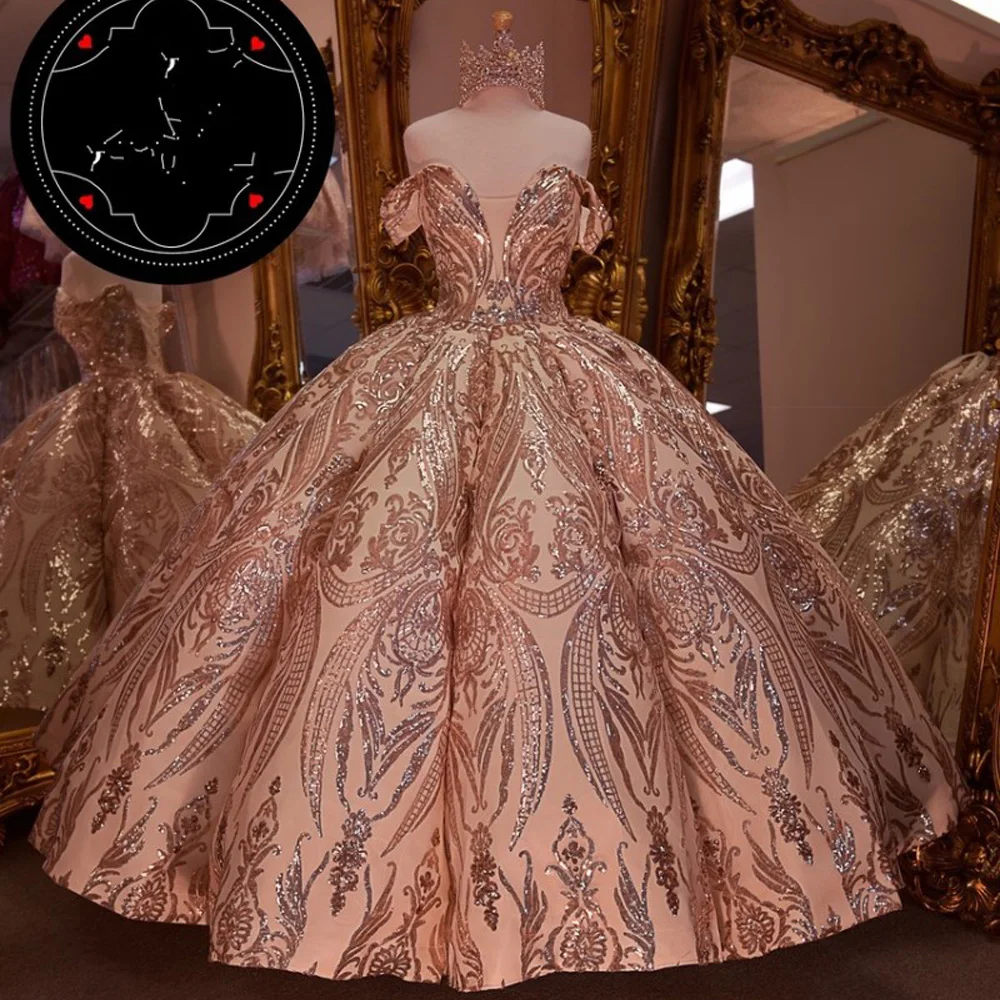 Rose Gold Off De Schouder Baljurk Quinceanera Jurk Lovertjes Applicaties Sweet 16 Prom Party Dress Vestidos De 15 Años