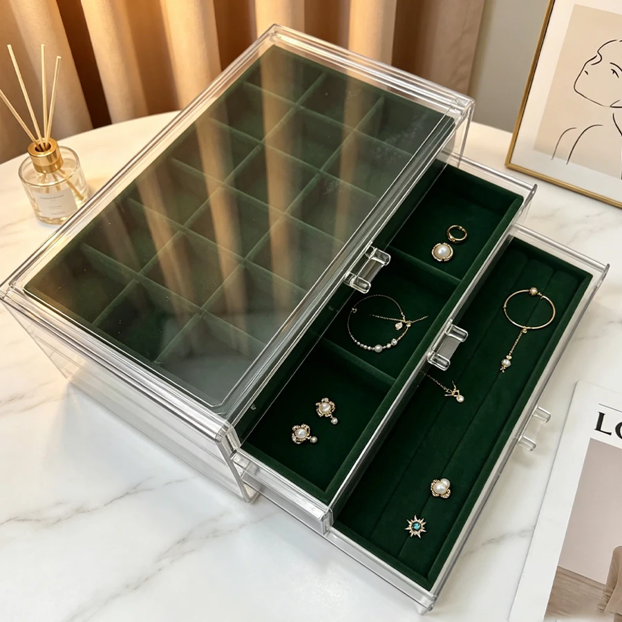 Green 18+6+ Sponge Strip Triple Drawer Multi-Storage Acrylic Jewelry Box - Necklace and Earrings Organizer Shelf for Stud Earrin