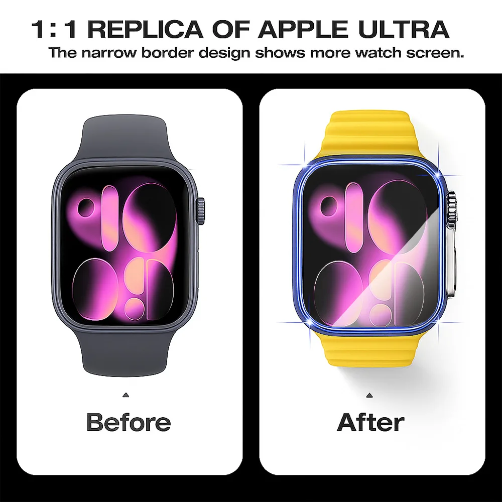 PC Cover+Glass for Apple Watch Case11 10 46mm 42mm 45mm 40mm 44mm 41mm Screen Protector Film Change To Ultra Series 9 8 7 6 SE3