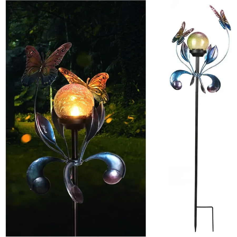 

Solar Lights Outdoor Metal Garden Stake Waterproof Crackle Glass Globe Garden Decor Butterfly for Pathway Lawn Patio Yard