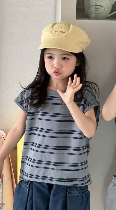 Kids 2026 Summer New Striped Short Sleeve T Shirt for Toddler Boys and Girls Loose Stylish Sleeveless Vest Thin