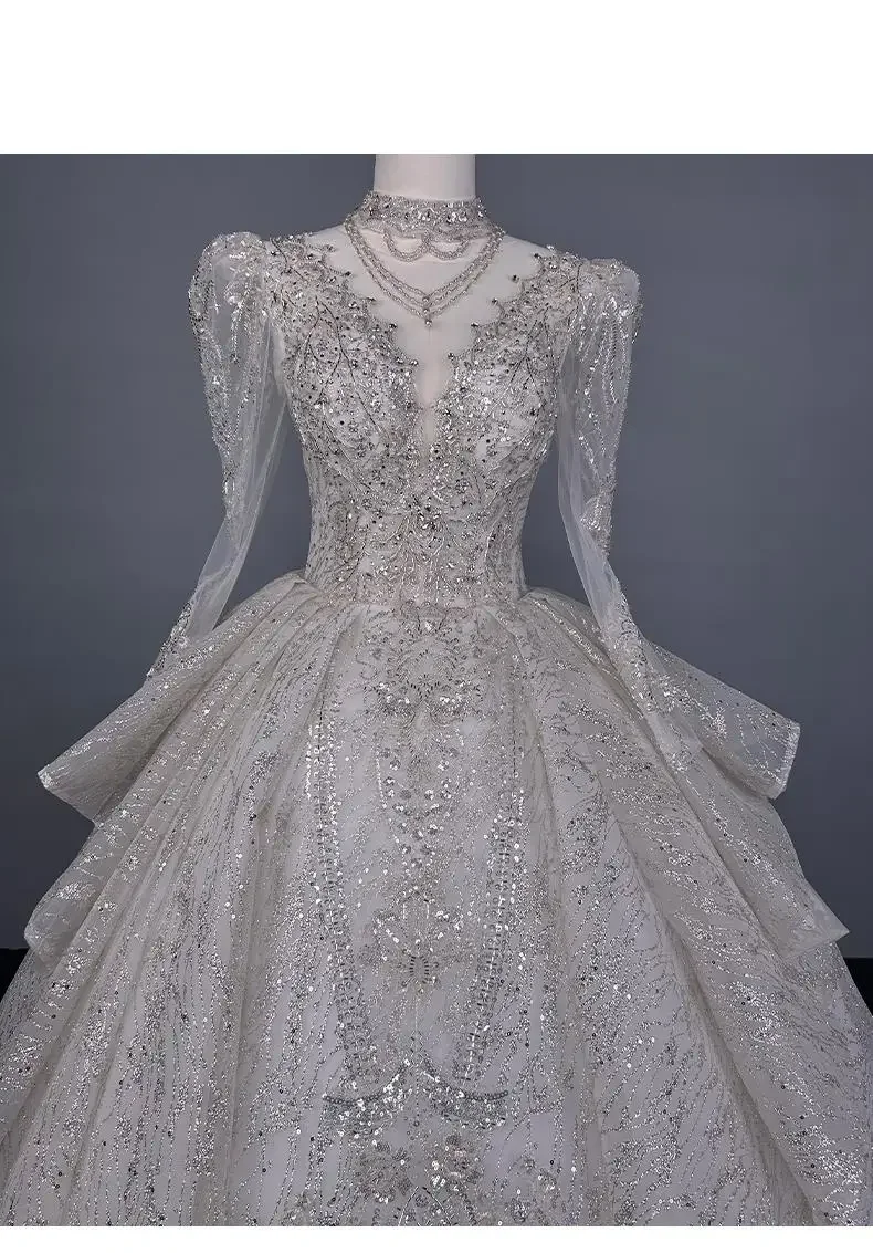 Vestido de baile de renda manga cheia espanhol para mulheres, vestido de noiva em camadas, vestido princesa do trem do tribunal