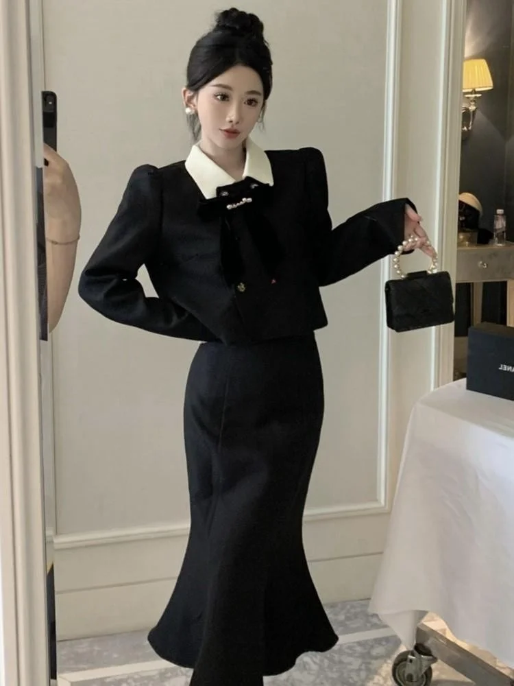 Women\'s Solid Mermaid Dress Bow Coat High Waist Midi Skirt Long Sleeve French Lady Fashion Autumn New 2 Pieces Set Skirts Sets