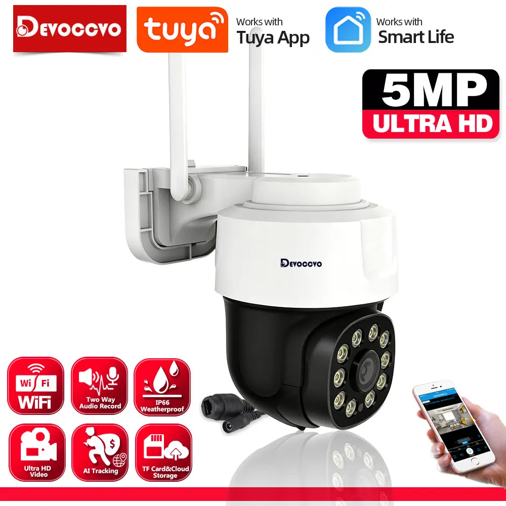 5MP WIFI Surveillance Camera Outdoor & Indoor Color Night Vision Tuya Smart Home Auto Tracking Wireless PTZ Security IP Camera