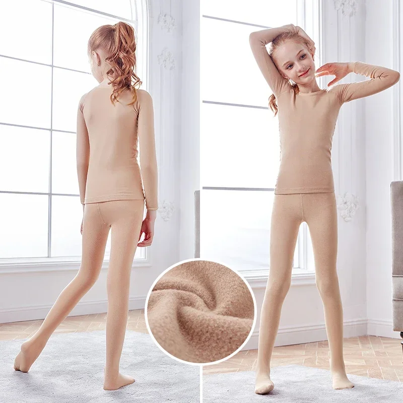 Girls Thermal Underwear Suits Nude Stretch Ballet Underwear Set Thicken Dance Tights Leotard for Winter