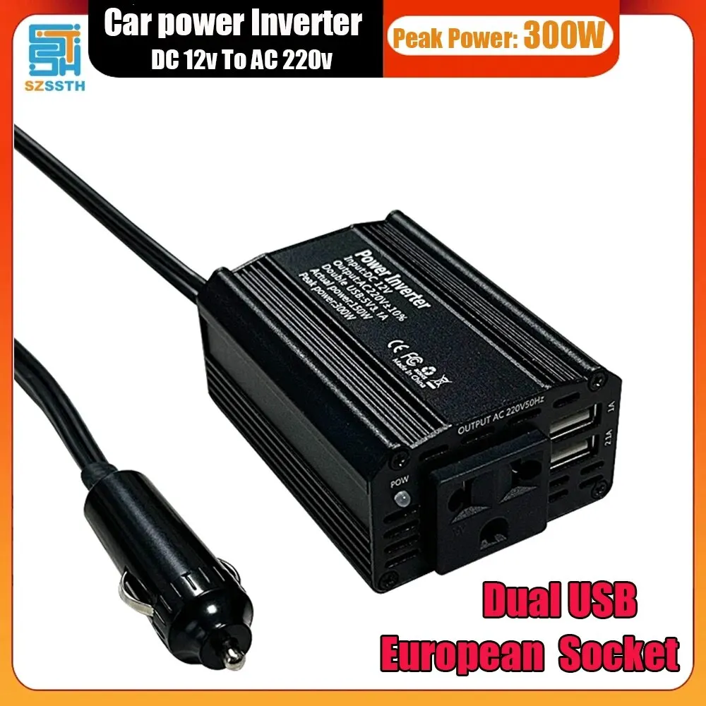 300W Car Power Inverter DC 12V To AC 220V BLACK Modified Sine WaveDual USB Car Adapter Converter Auto Charger EU Socket