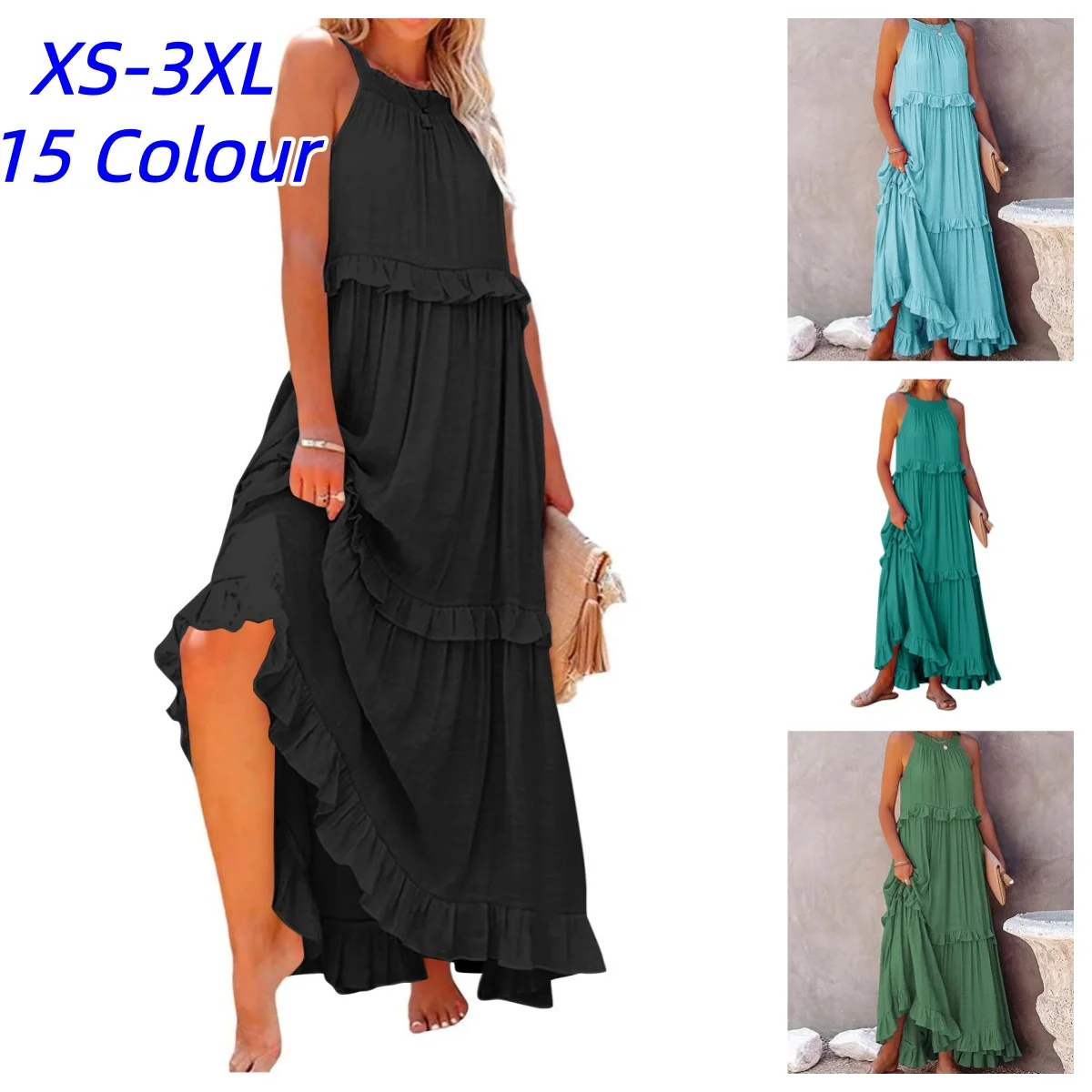Damen Casual Einfarbiges Rüschen-Maxikleid Sommer Elegantes Ärmelloses Strandkleid Harajuku Maxikleid für Strand Party Abend Vestido
