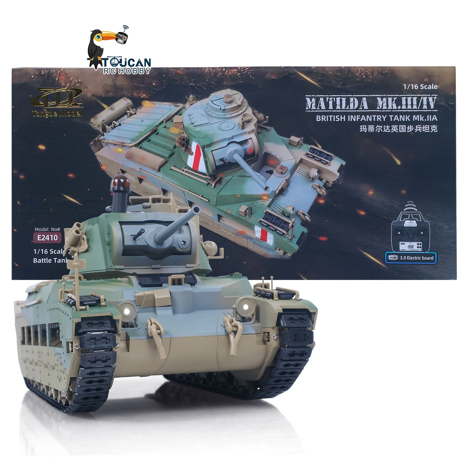 

Радиоуправляемый танк Tongde 1:16 Matilda III IV 320, вращающаяся башня, звуки, инфракрасная система, металлические колеса, аккумулятор, готовый к бегу
