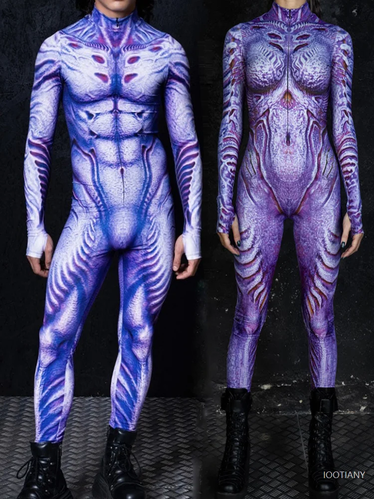 

Couple Halloween Doomsday Zombie Bodysuit Adult Role Play Purple Monster Muscle Carnival Party Stage Performance Suit Costume