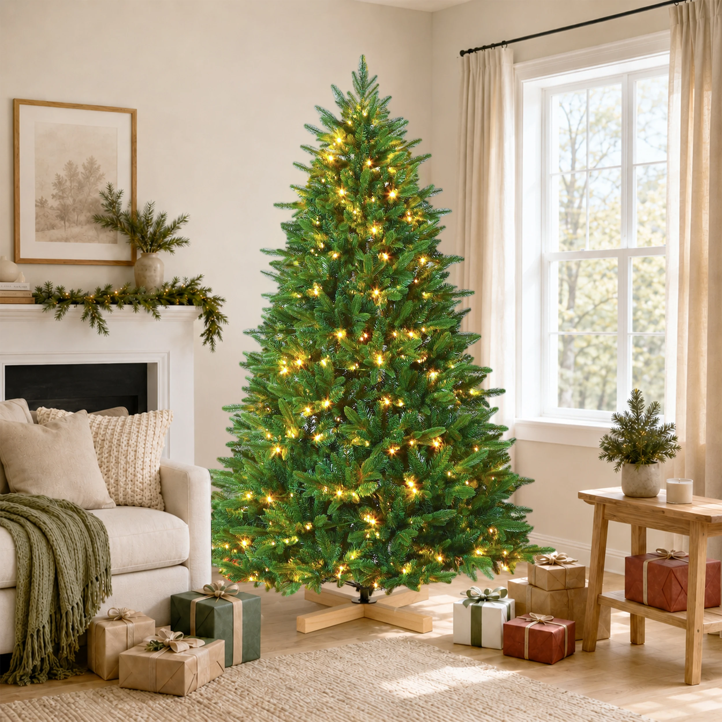 Künstlicher Weihnachtsbaum aus PVC+PE, 180/210 cm, 940/1209 Zweigspitzen, 300/400 warmweiße LEDs, realistischer 3D-Weihnachtsbaum aus PE+PVC mit Holzständer, Weihnachtsdekoration für den Innenbereich