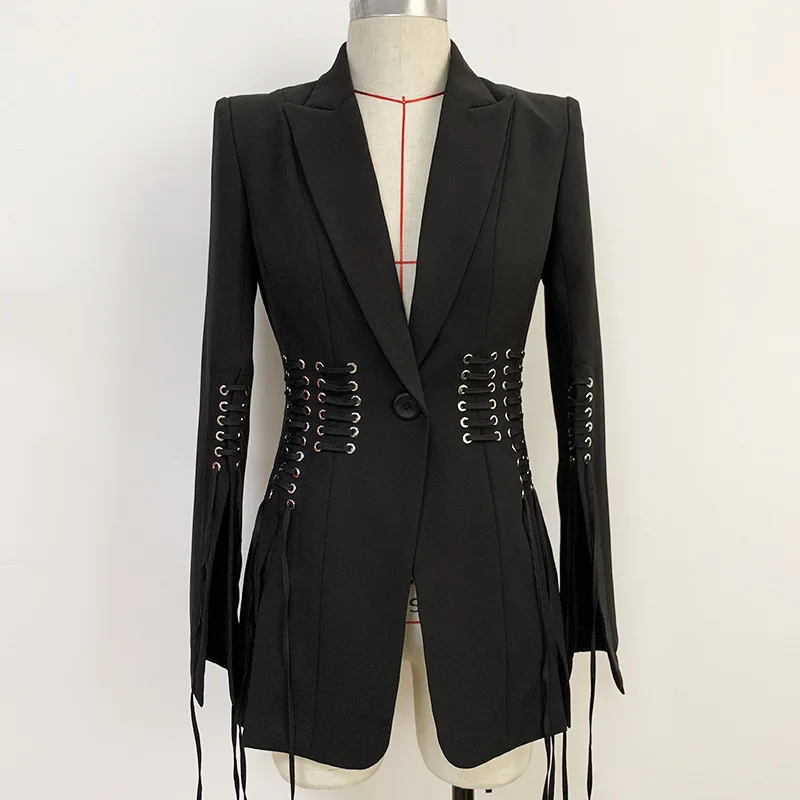 Chaqueta de manga larga con solapa para mujer, abrigo con agujeros de metal, aberturas de cuerda, blazer delgado de un botón