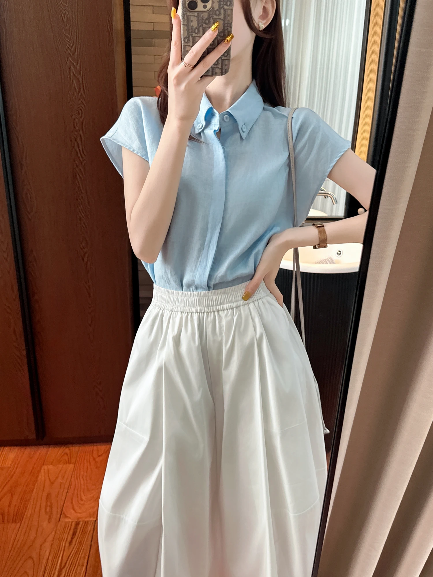 

Minimalist Blue Short Sleeve Shirt Oxygen Feeling Design Women's Loose Fit Casual Fashion Spring Season Button up Cardigan