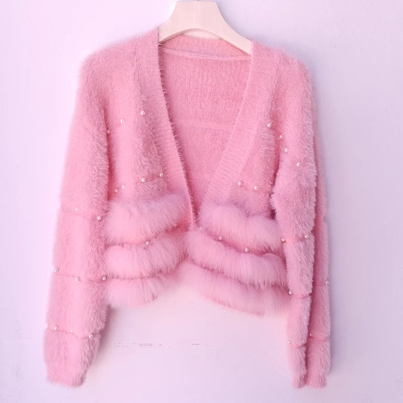 Short Real Fox Fur Trim Knitted Cardigan Sweater With Button Women Autumn V-neck Long Sleeve Knitwear Sweater