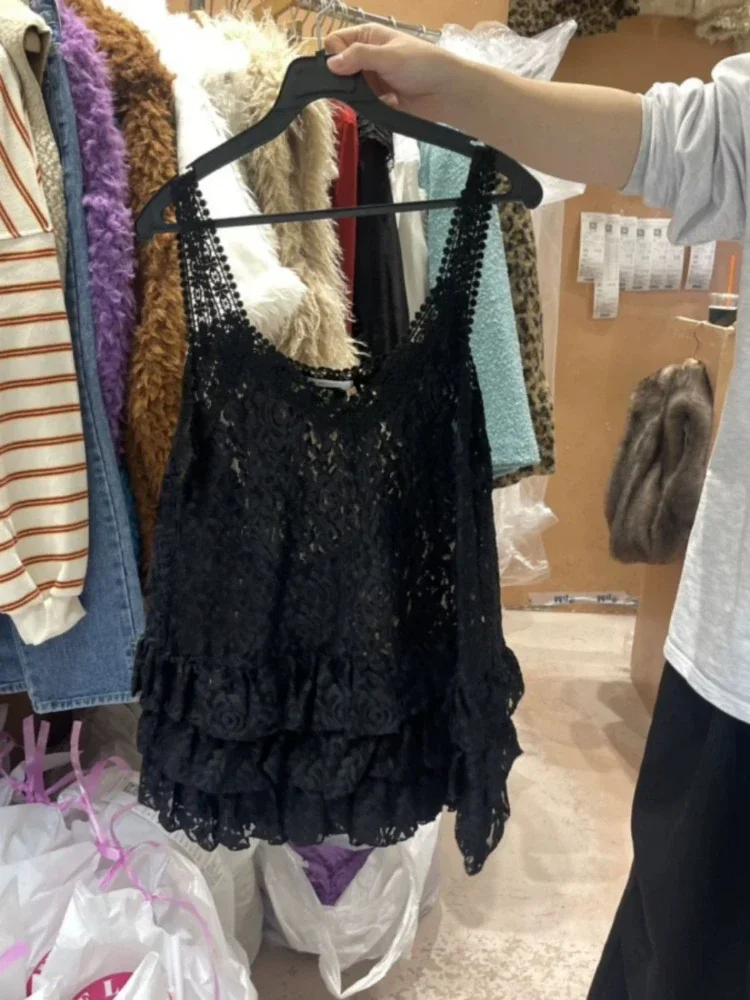 Grunge Süße Stickerei Blume Aushöhlen s Frauen Frühling Harajuku Rüschen Tops Kawaii Fee Camisoles Y2k Ästhetik