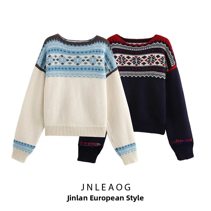 JNLEAOG 가을 신상 여성 패션 캐주얼 레트로 오버헤드 니트 스웨터 스트리트 스타일 라운드 넥 폴리에스터 섬유