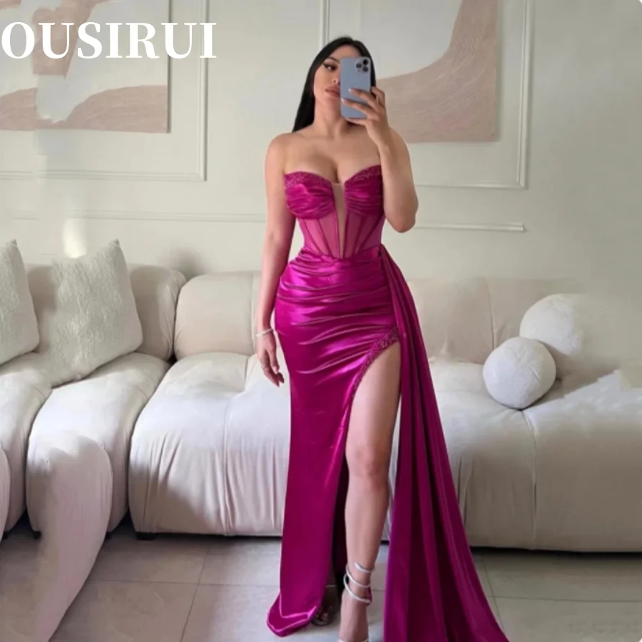 

OUSIRUI Вечернее платье Sexy с разрезом по бокам, вечернее платье цвета фуксии, элегантное расшитое бисером на груди и блестками فساتين مناسبة رسمية