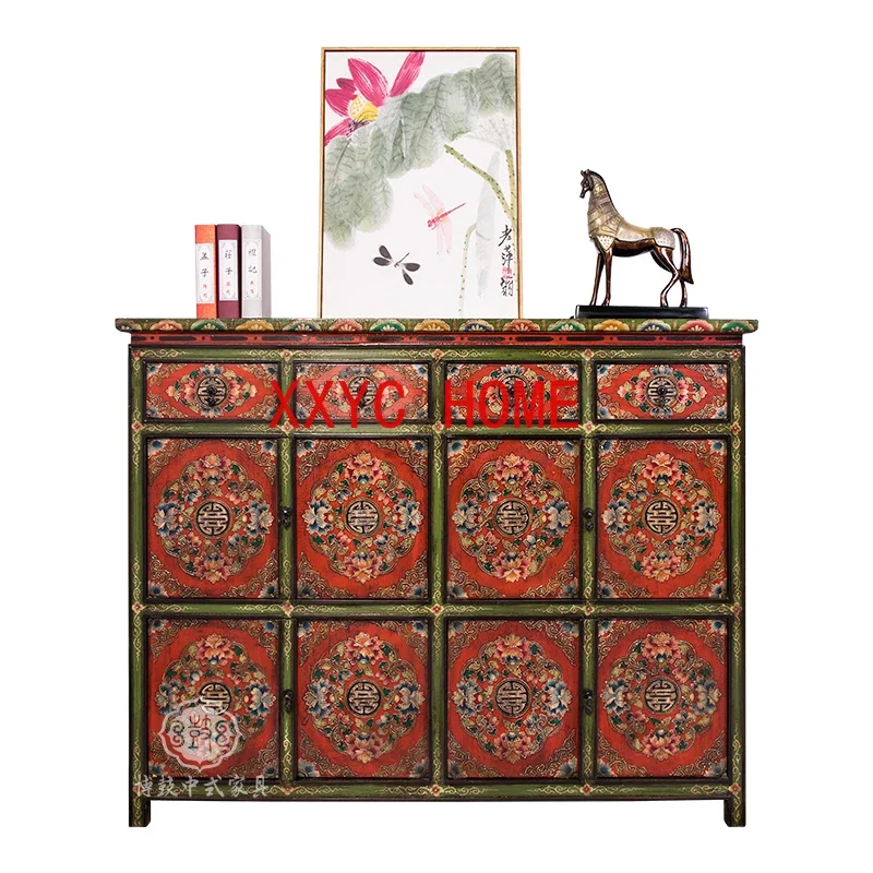 

Chinese Retro Handmade Furniture Painted Distressed Four-Door Entrance Foyer Solid Wood Sideboard