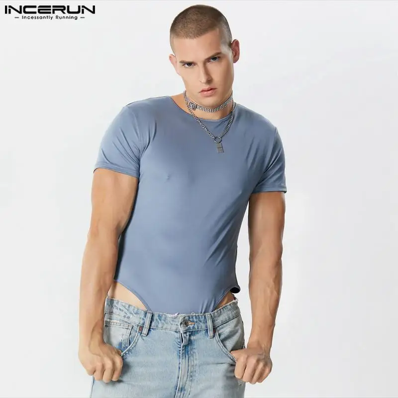 2023 Männer Bodys einfarbig O-Ausschnitt Kurzarm Streetwear Fitness T-Shirt Männer Stram pler Mode lässig Bodysuit S-5XL Incerun