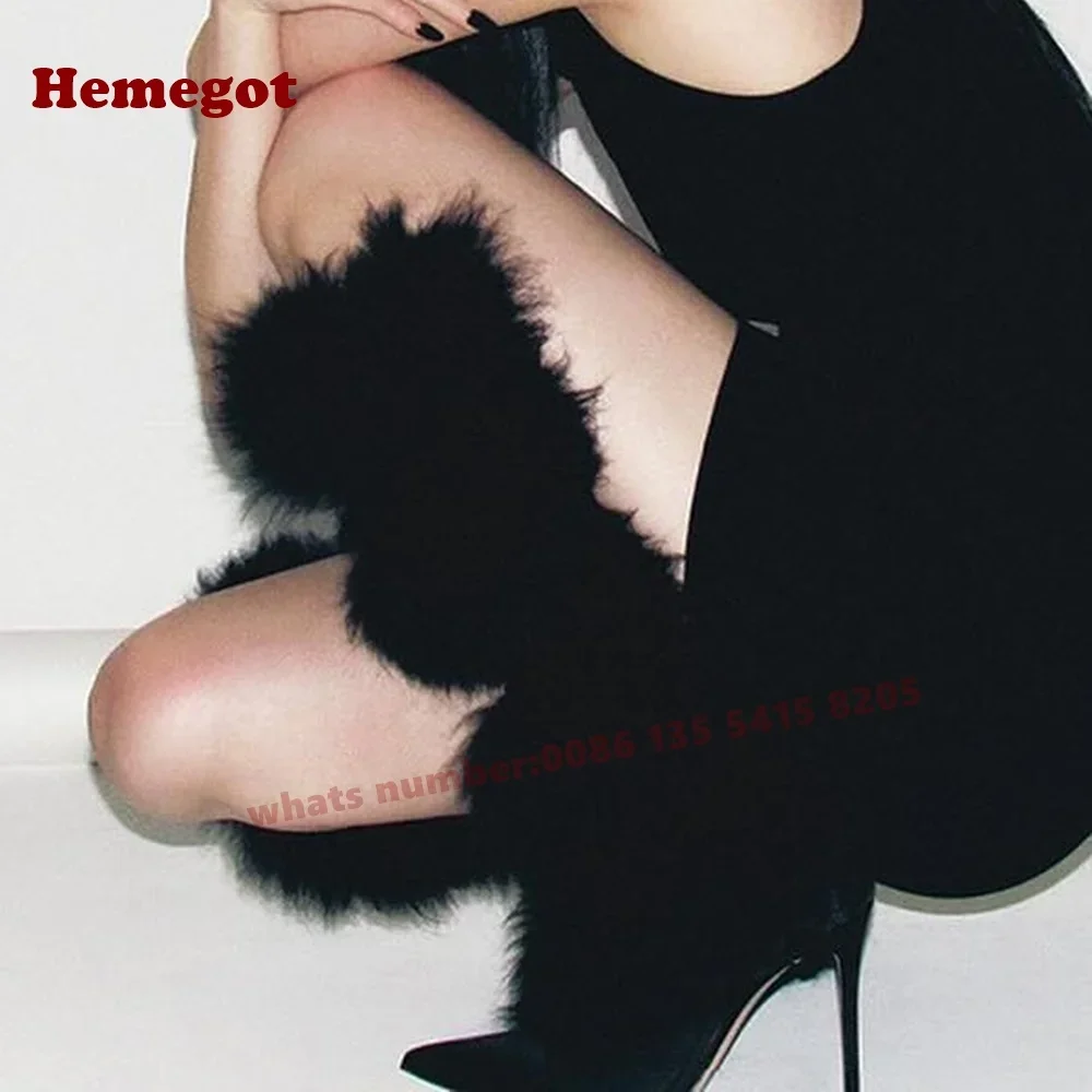 Pointy Toe Stiletto Heels Women's Long Boots Fluffy Black Knee High Boots Fur Side Zipper Casual Shoes Cross Strappy Winter Shoe