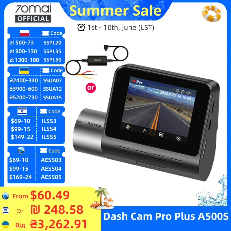 70mai A500S Recorder Car DVR Front Cam A500S 1944P Night Vision