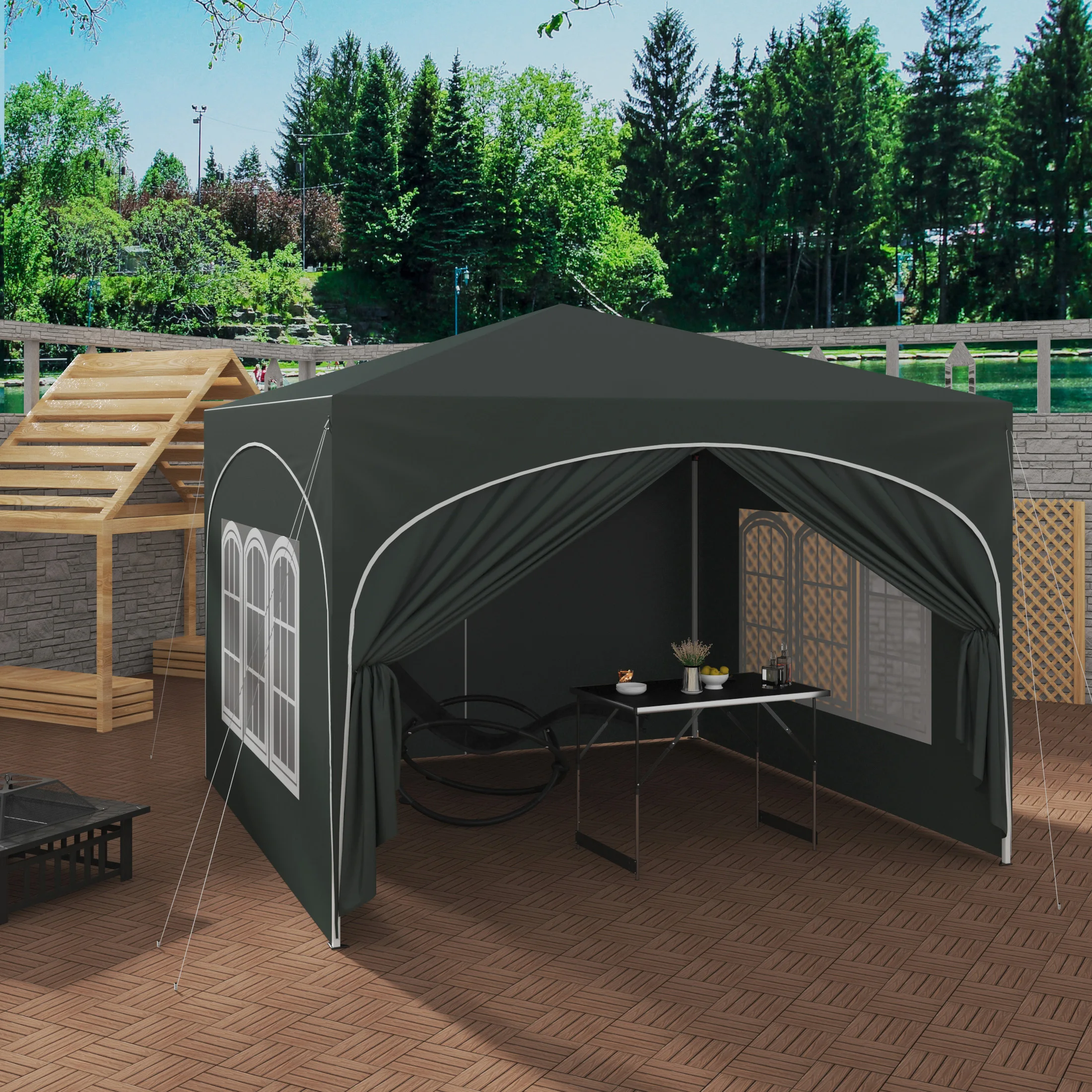 Folding Garden Canopy with 4 Side Walls 3x3m Party Tent Water-Repellent UV Protection Height-Adjustable for Camping Picnic