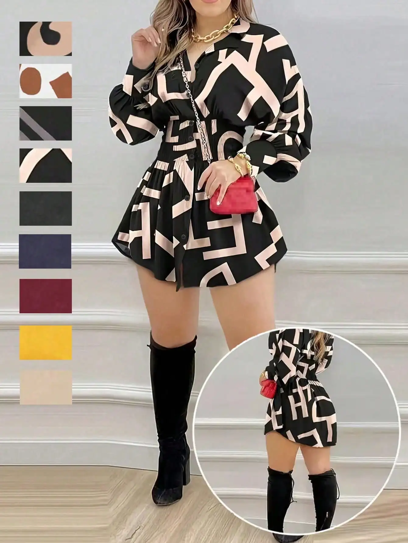 

BWQ Women's Fashion Solid Color Ruched Waist Long Sleeve Shirt Dress For Work, Spring/Summer