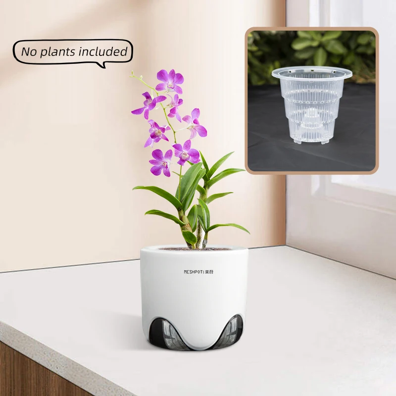 10cm Orchid Pots with Holes for Repotting Double Layer Plastic Imitate Ceramic Orchid Planter Clear Orchid Pot Match Decorative