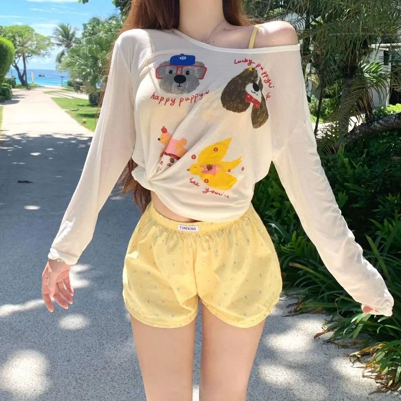 High End Girl Loose Long Sleeved Shirt Bikini Flat Corner Four Piece Vacation Hot Spring Cute Fresh Swimsuit Water Color Tone - Image 2