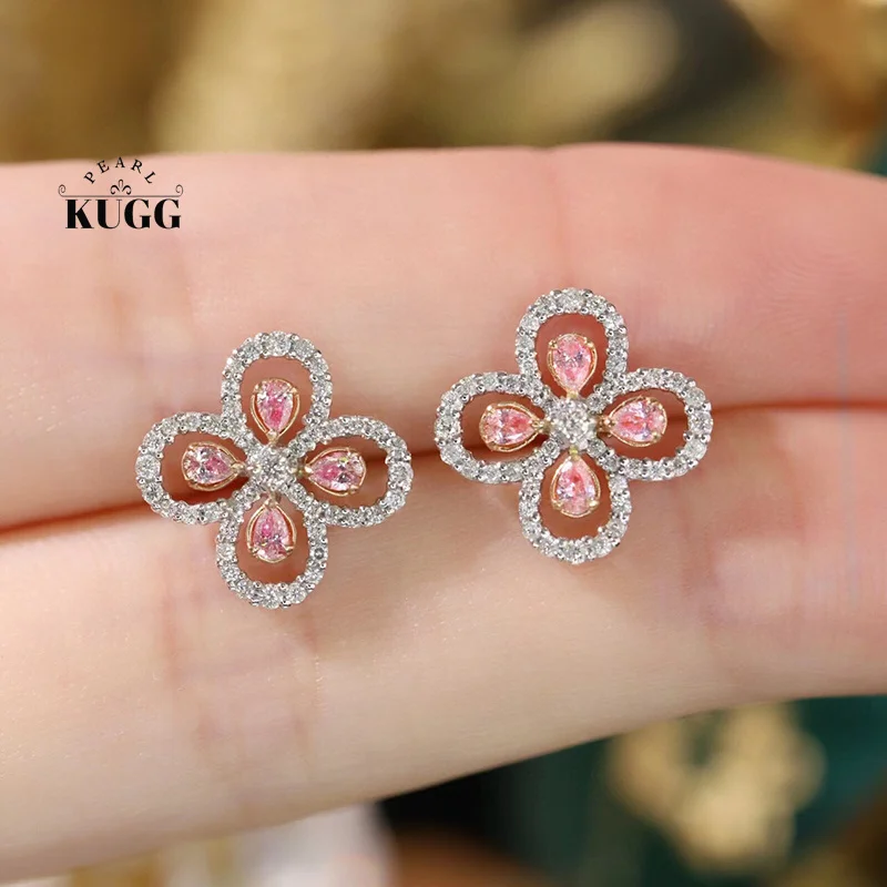 KUGG 100% 18K White Gold Earrings Luck Clover Shape 1.0carat Real Natural Pink&White Diamond Stud Earrings for Women Wedding