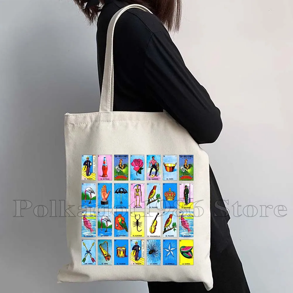 Mexican Loteria Bingo Card Art Print LA ROSA Diablita Toxica Witch Ballet El Jefe Nopal Catrin Papa Gift Canvas Tote Bag Handbag