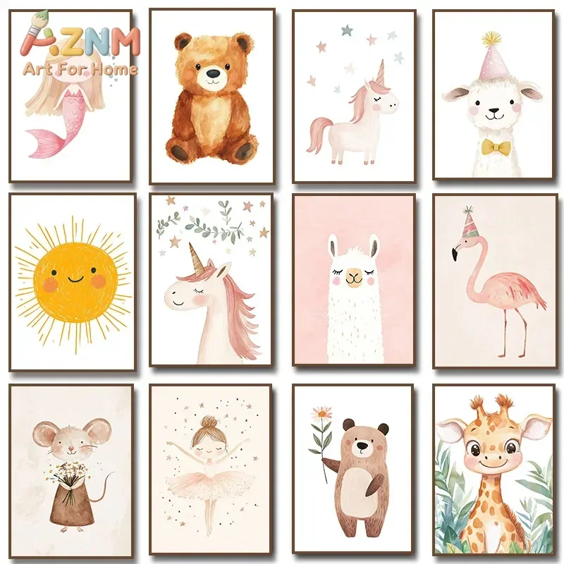 AZNM Watercolor Cute Animal Canvas Wall Art Unicorn Bear Giraffe Mermaid Ballerina Sun Print Painting for Baby Nursery Kids Bedr