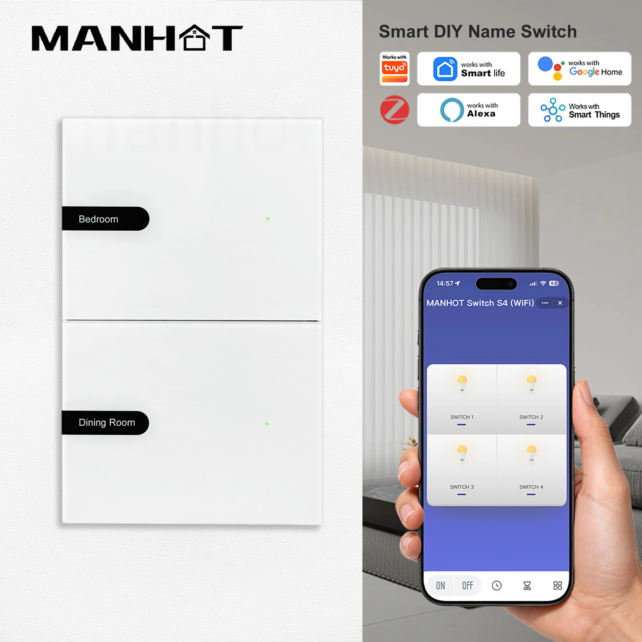 MANHOT Zigbee Smart Switch Glass Panel Push Button Switch DIY Name Switch Compatible with HA/Tuya Alexa Google Home