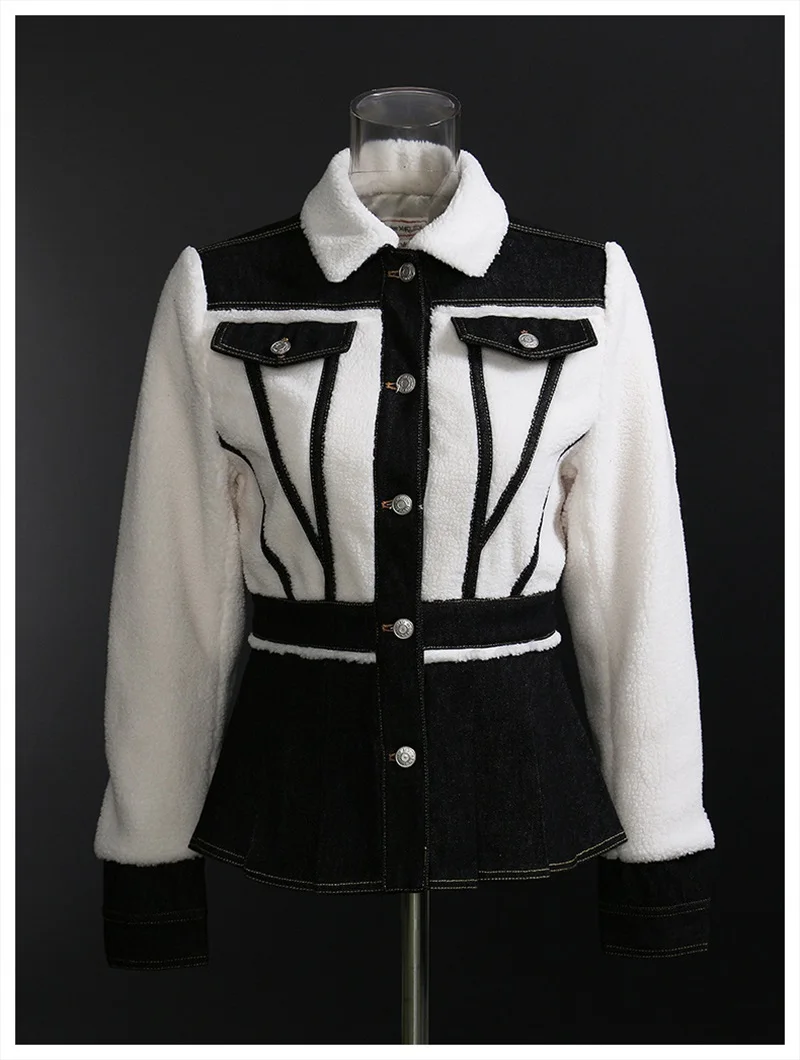 Chaqueta vaquera de estilo locomotor francés para mujer, Tops de pelo de cordero con dos bolsillos, abrigo de manga larga blanco a la moda, nuevo diseño en Stock