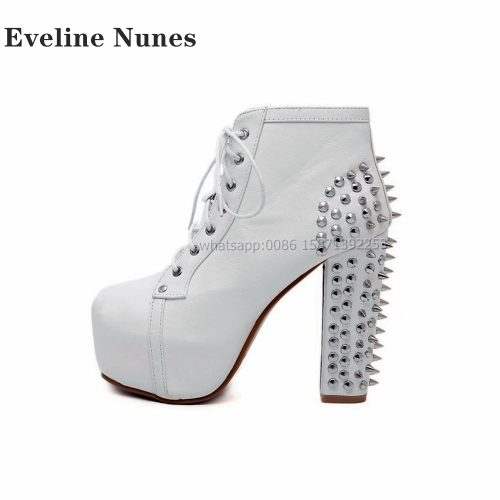 Rivet Decoration Platform Ankle Boots Round Toe Height Increasing Solid Cross Tied Patchwork Booty Sexy Punk Spicy Girl Shoes