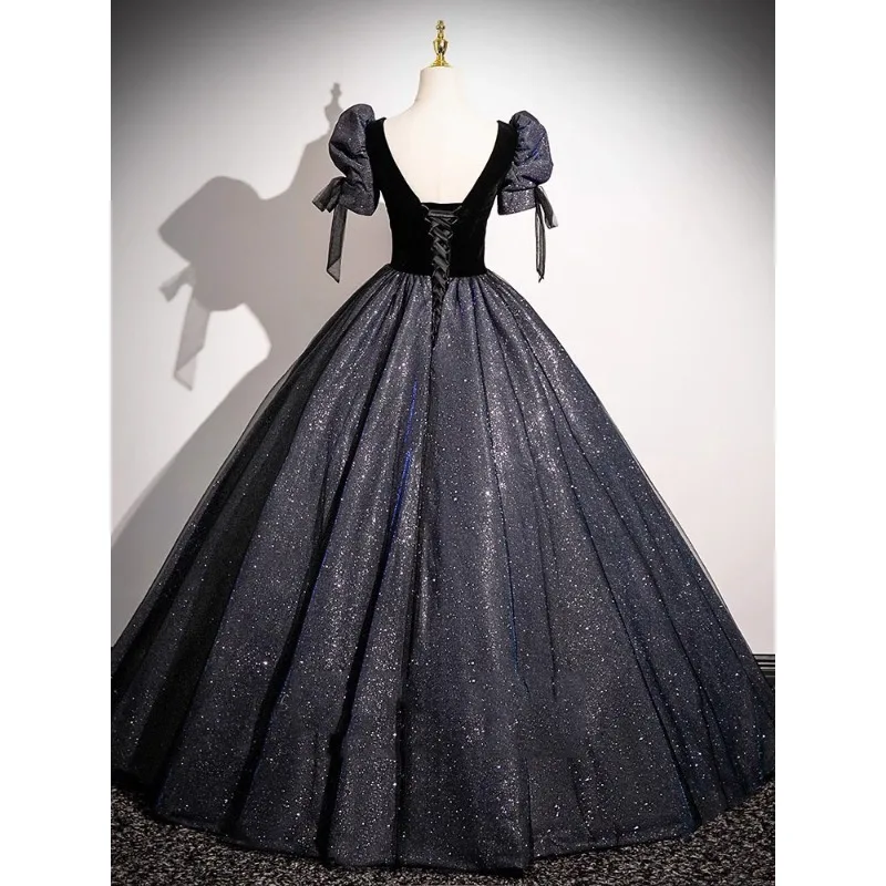 2026 Abito da sera con scollo a V ricamato nero delle nuove donne Abito da ospite per esame d'arte vocale con maniche a palloncino alla moda e magre