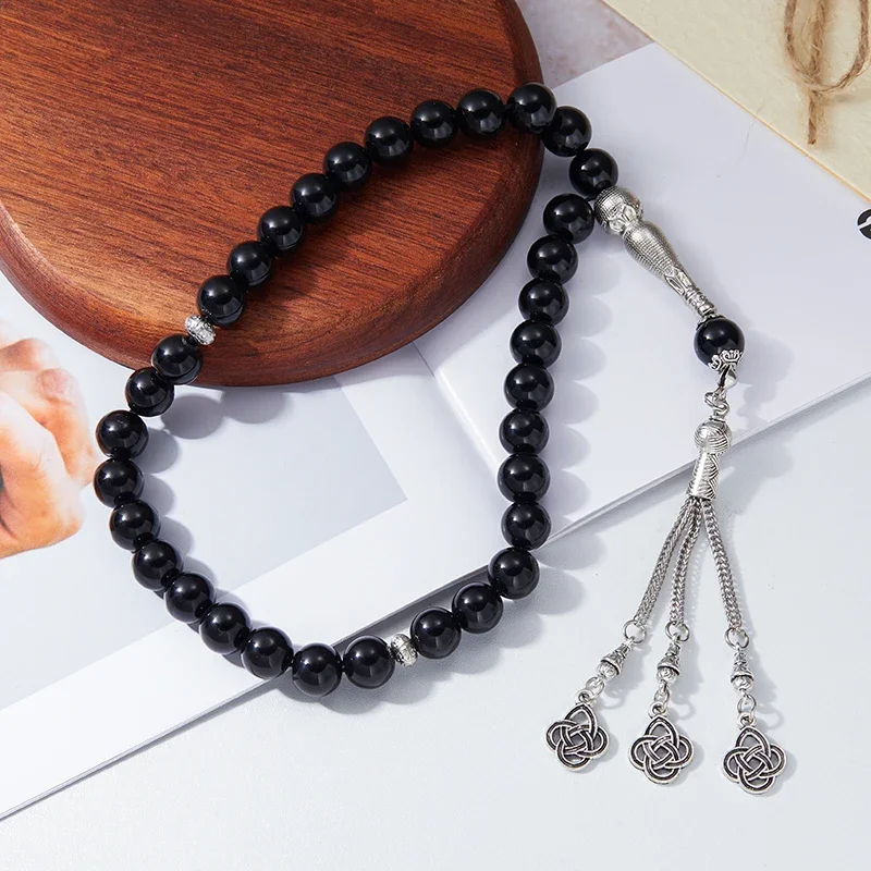 Fashion Simple 33pcs 10mm Obsidian Porcelain Glass Rosary Bracelet for Men Women Vintage Ethnic Style Tassel Arab Muslim Jewelry